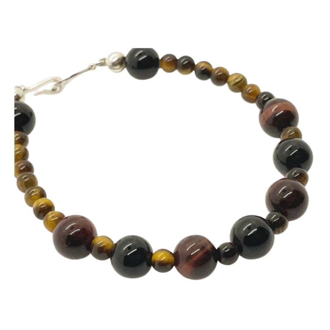 Crystal Beaded Gemstone Bracelet with Tiger’s Eye, Black Onyx and Red Tiger’s Eye with Sterling Silver Closure