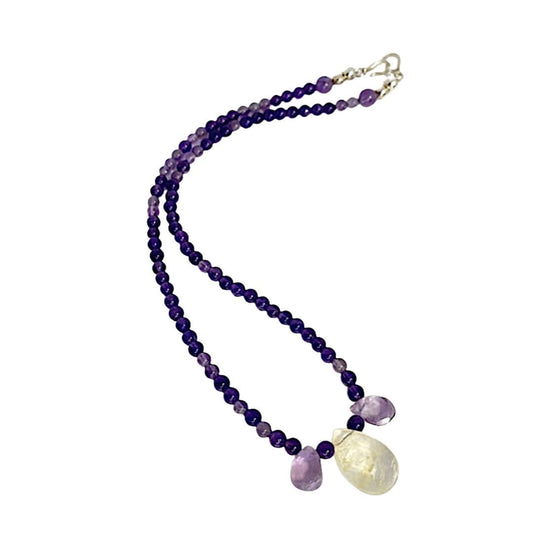 Gemstone Amethyst and Citrine Choker Necklace.  Shades of Purple - one large oval crystal in the middle, surrounded by two amethysts and found amethysts through the rest of the necklace.