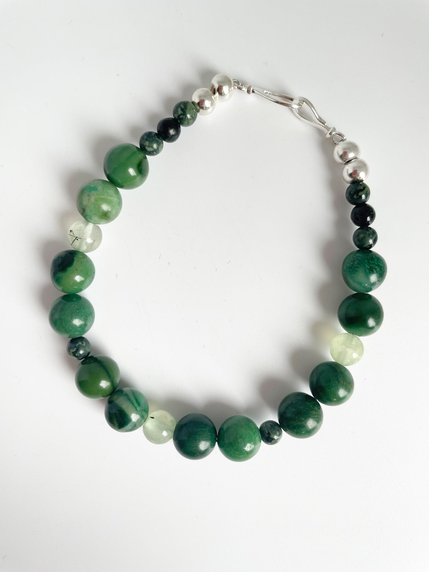 Verdite, Prehnite, and Kambaba Jasper Breathbeads Bracelet with Sterling Silver Clasp