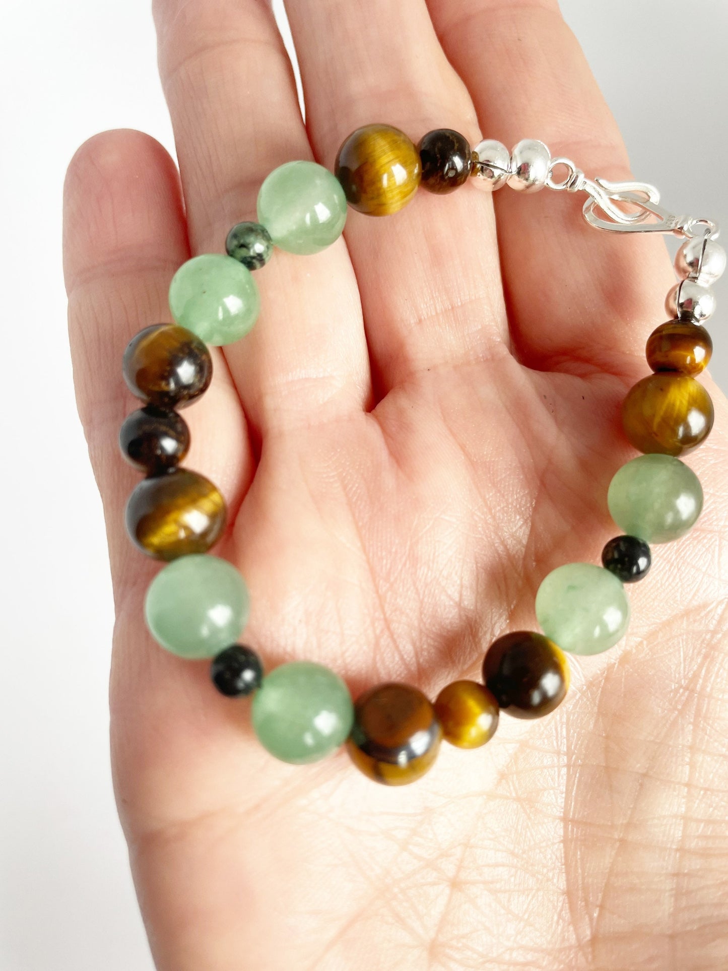 Tigers eye, Green Aventurine, and Kambaba Jasper Breathbeads Bracelet with Sterling Silver Clasp