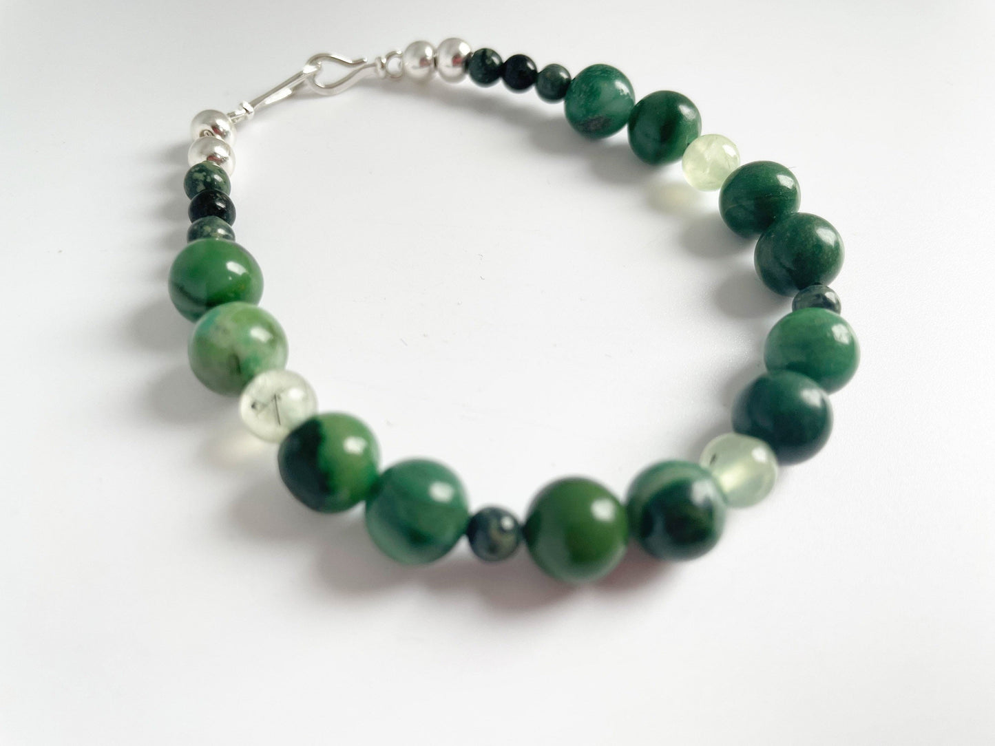 Verdite, Prehnite, and Kambaba Jasper Breathbeads Bracelet with Sterling Silver Clasp