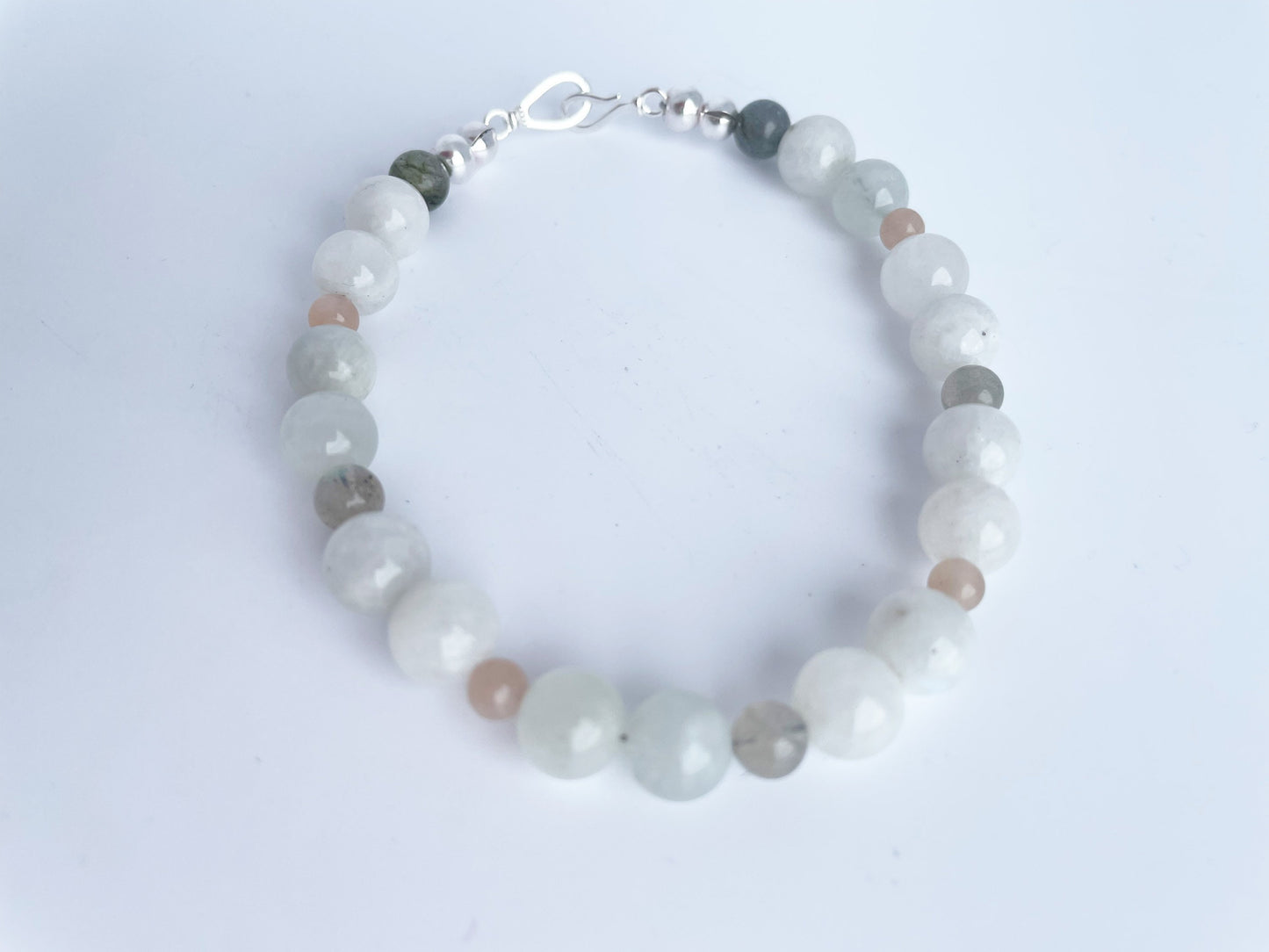 Moonstone, Labradorite and Pink Moonstone Breathbead Bracelet with Sterling Silver Clasp