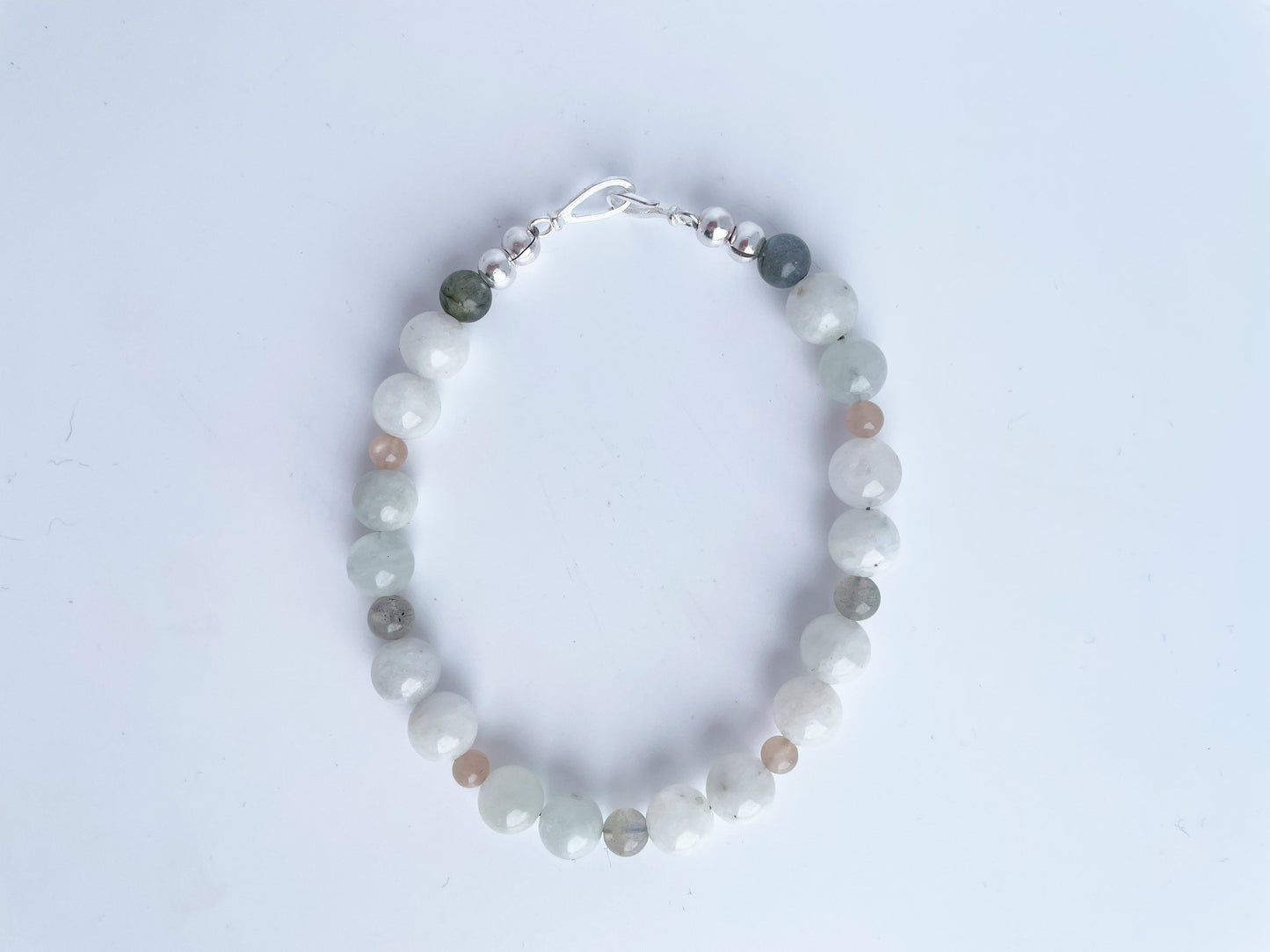 Moonstone, Labradorite and Pink Moonstone Breathbead Bracelet with Sterling Silver Clasp