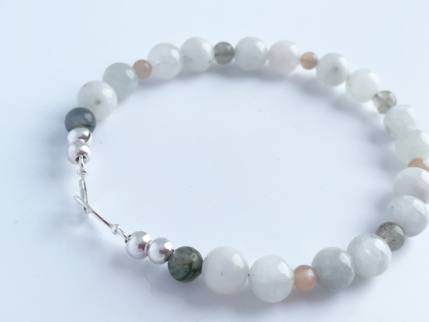 Moonstone, Labradorite and Pink Moonstone Breathbead Bracelet with Sterling Silver Clasp