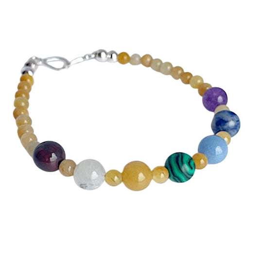 Chakra Gemstone Bracelet with Sterling Silver Clasp. Jasper, Moonstone, Serpentine, Malachite, Sodalite, Cave Calcite, Amethyst