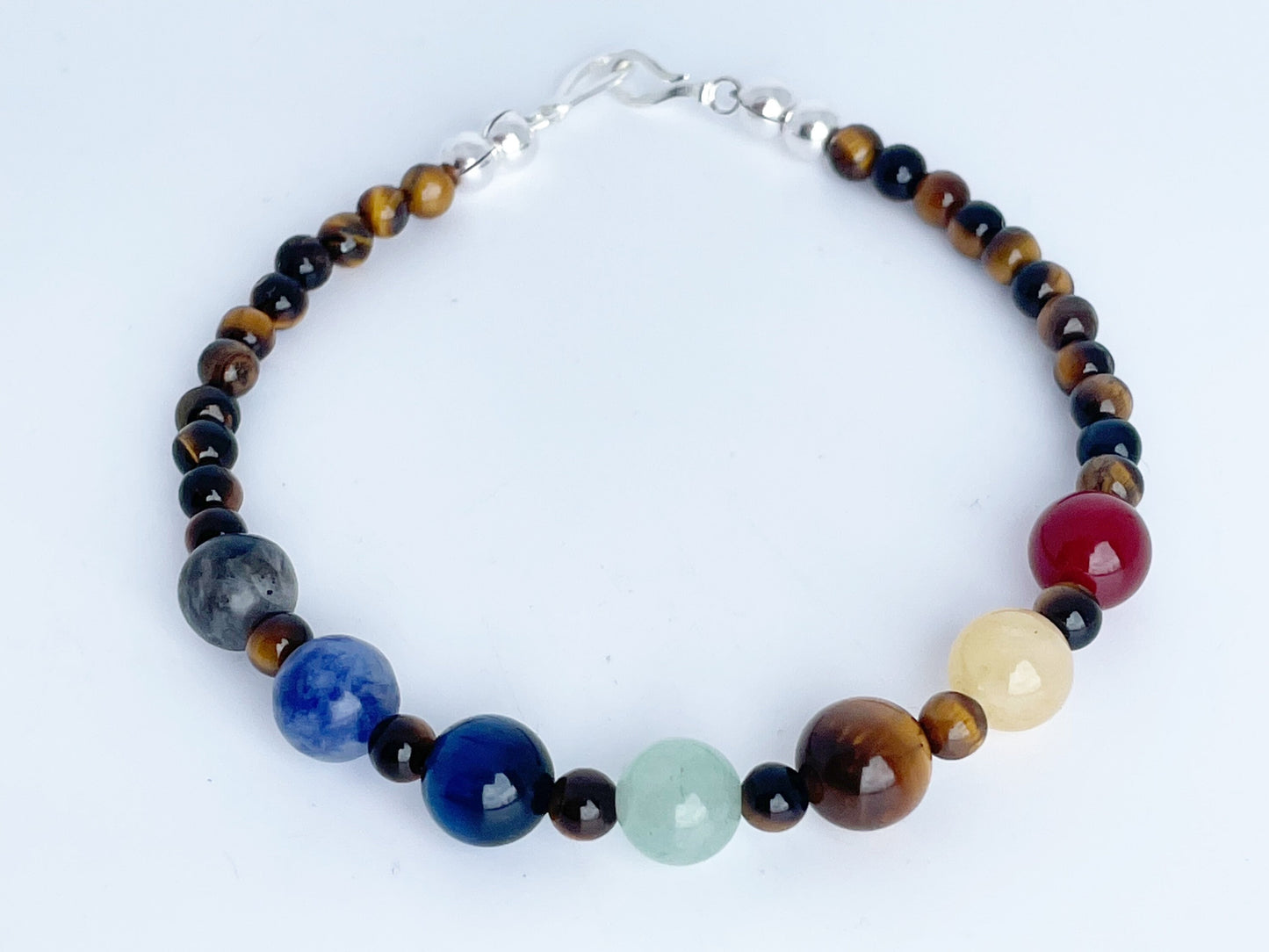 Chakra Gemstone Bracelet with Tigers Eye, Red & Green Aventurine, Yellow Jade, Blue Tigers Eye, Sodalite, Larvakite. Sterling Silver Clasp