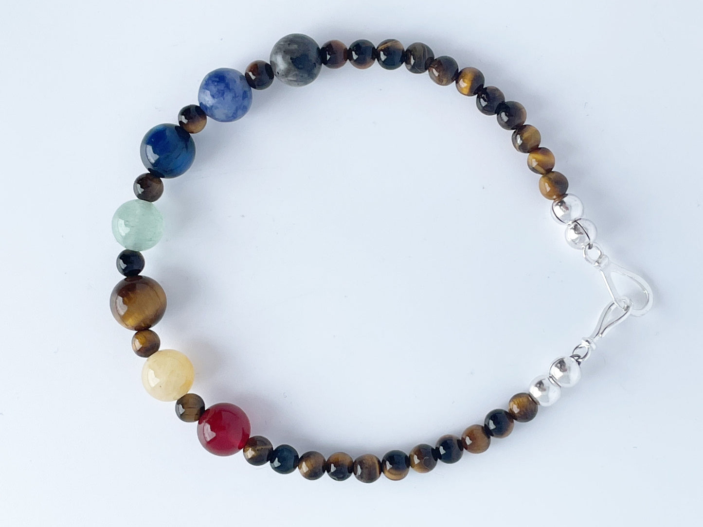 Chakra Gemstone Bracelet with Tigers Eye, Red & Green Aventurine, Yellow Jade, Blue Tigers Eye, Sodalite, Larvakite. Sterling Silver Clasp