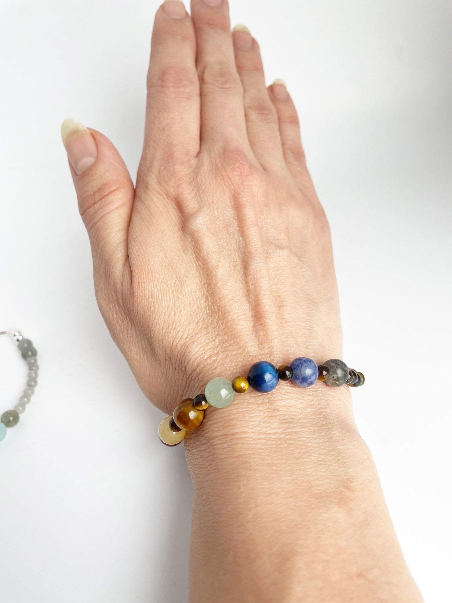 Chakra Gemstone Bracelet with Tigers Eye, Red & Green Aventurine, Yellow Jade, Blue Tigers Eye, Sodalite, Larvakite. Sterling Silver Clasp