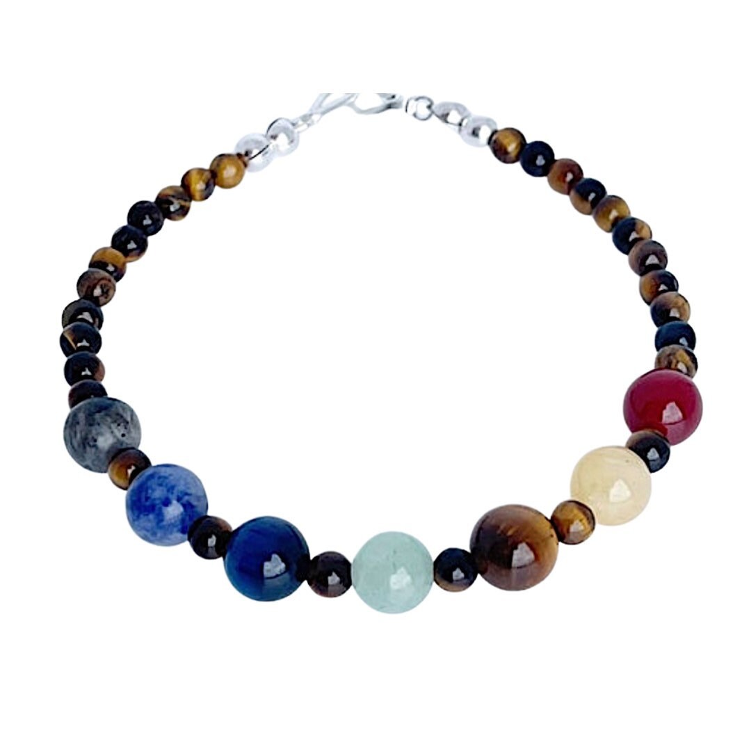 Chakra Gemstone Bracelet with Tigers Eye, Red & Green Aventurine, Yellow Jade, Blue Tigers Eye, Sodalite, Larvakite. Sterling Silver Clasp