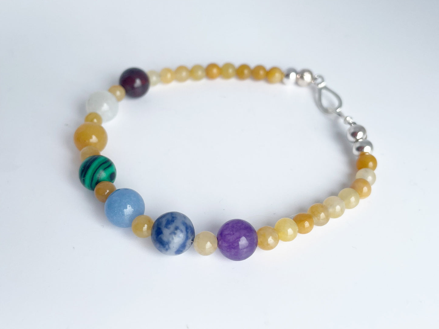 Chakra Gemstone Bracelet with Sterling Silver Clasp. Jasper, Moonstone, Serpentine, Malachite, Sodalite, Cave Calcite, Amethyst