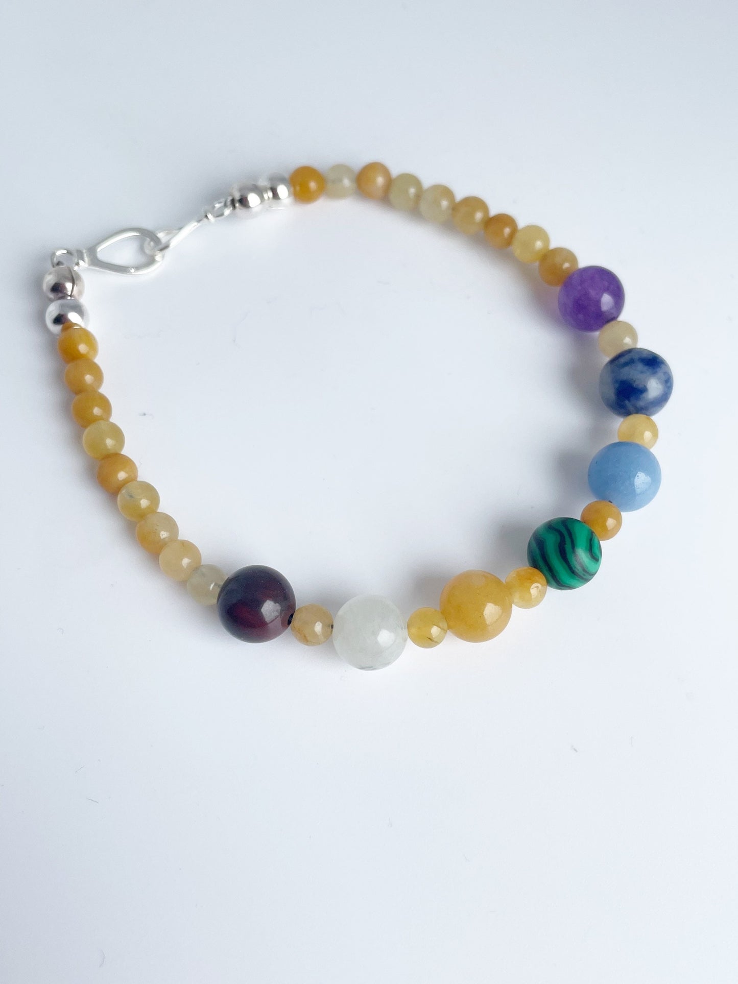 Chakra Gemstone Bracelet with Sterling Silver Clasp. Jasper, Moonstone, Serpentine, Malachite, Sodalite, Cave Calcite, Amethyst