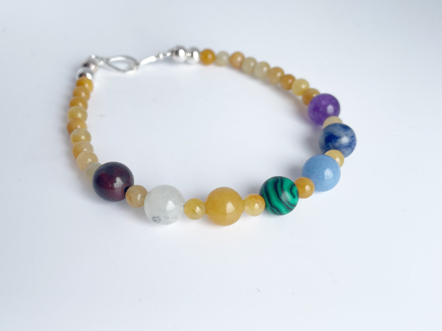 Chakra Gemstone Bracelet with Sterling Silver Clasp. Jasper, Moonstone, Serpentine, Malachite, Sodalite, Cave Calcite, Amethyst