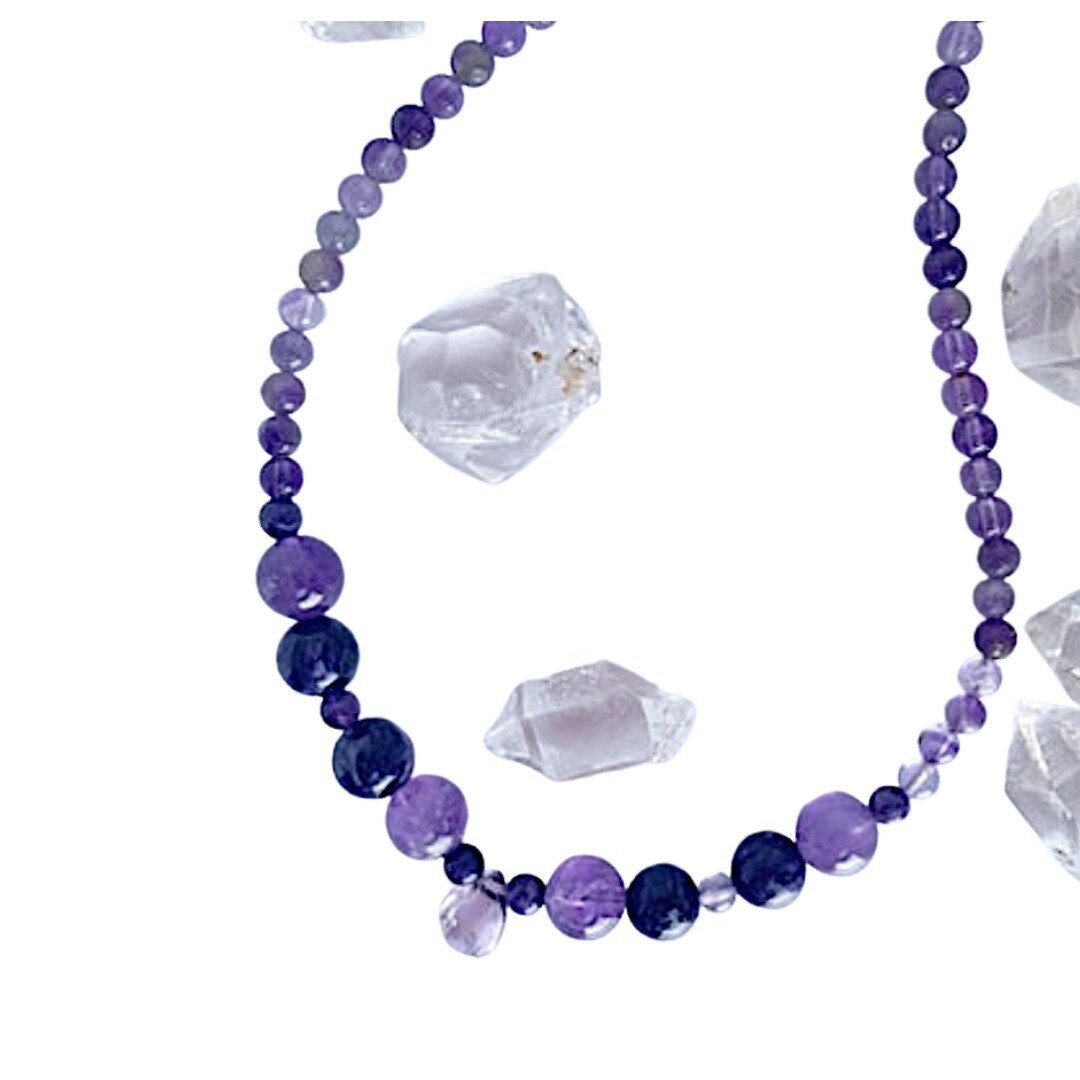 Gemstone Breathbeads Choker Necklace with Amethyst and Charoite and sterling silver.  Shades of purple.