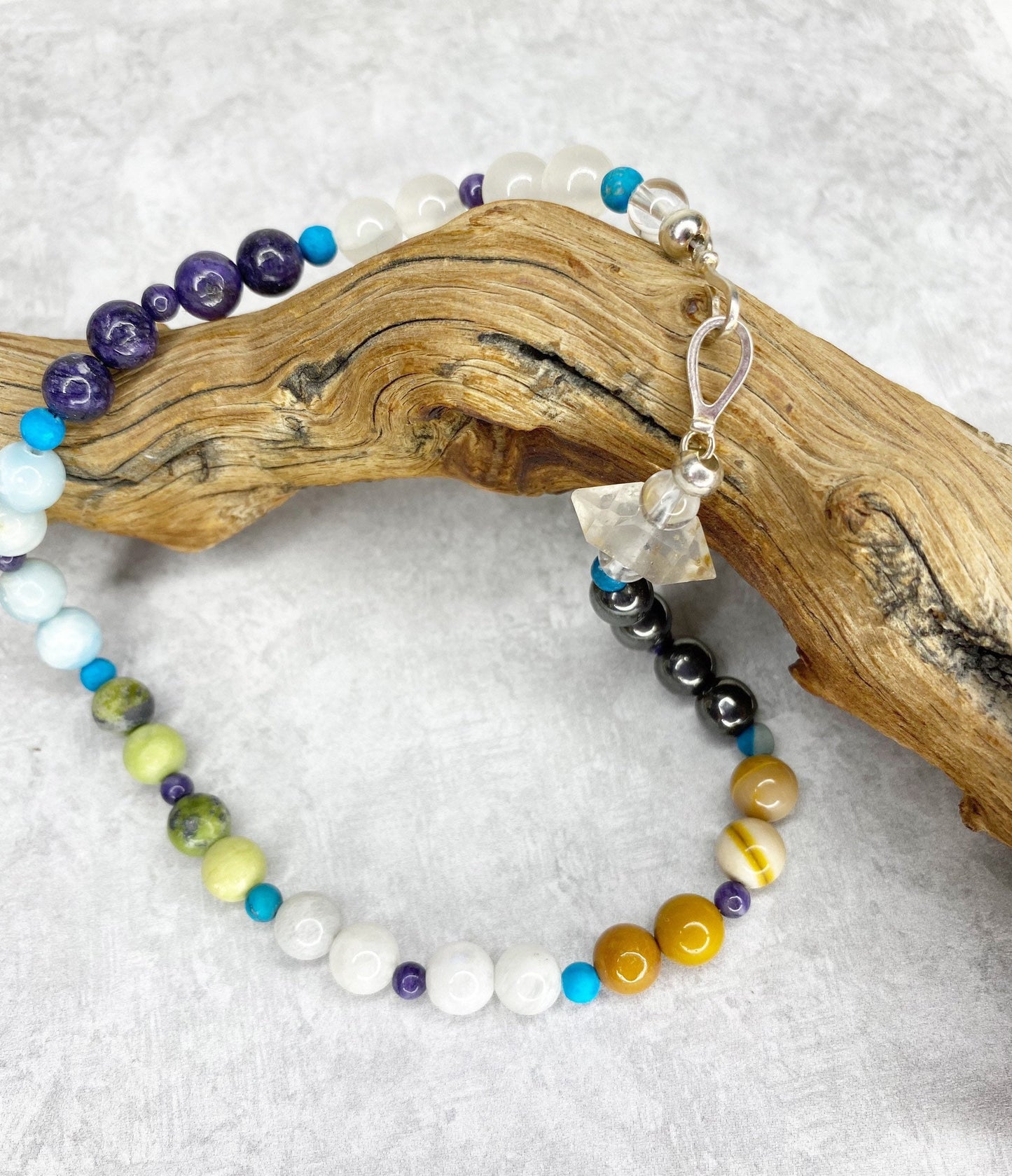 Crystal Breathbead Mala. Herkimer Quartz, Hematite, Mookaite, Moonstone, Chrysoprase, Larimar, Charoite, Selenite, Turquenite