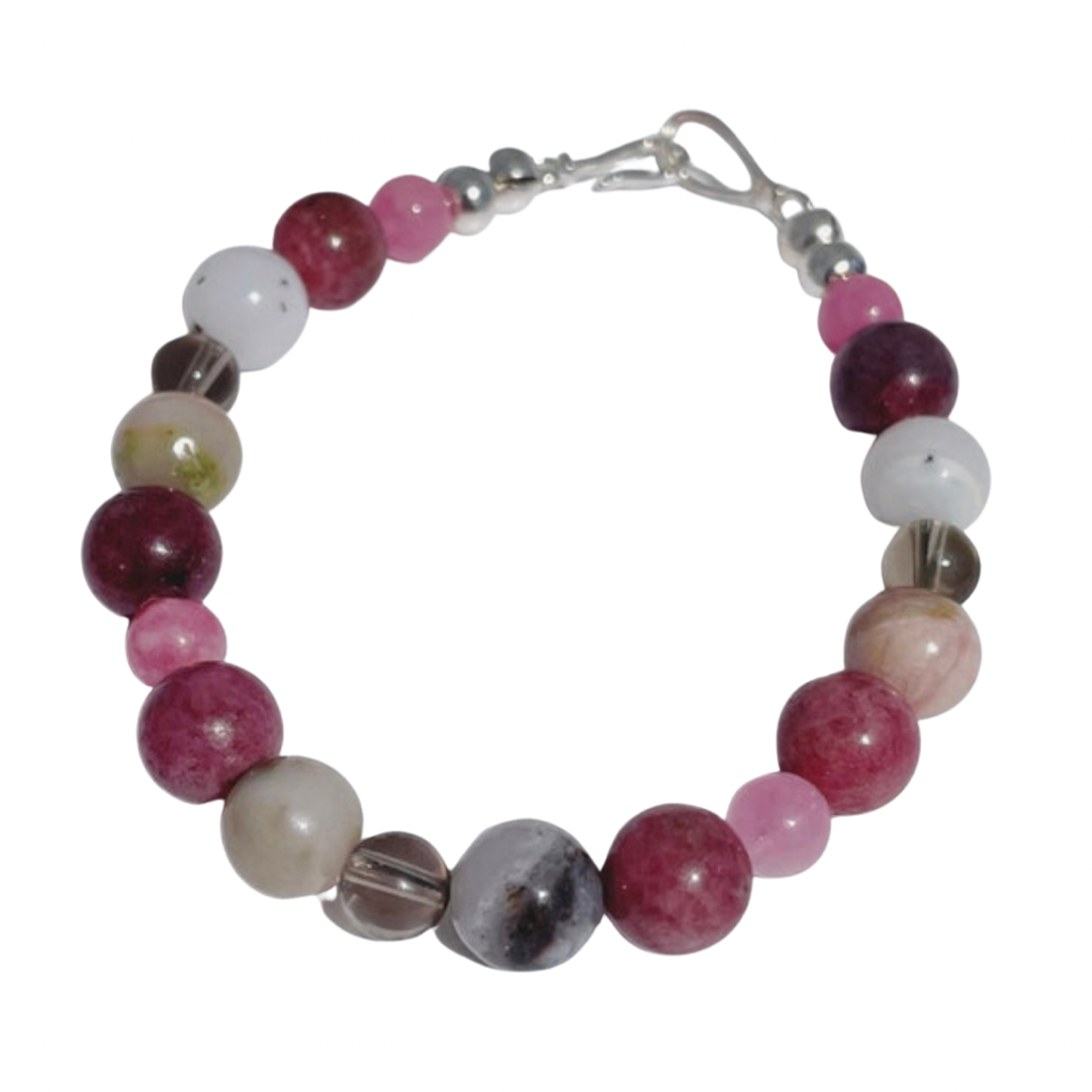 Pink Opal, Thulite, Smokey Quartz, and Rhodochrosite Gemstone Breathbeads Bracelet