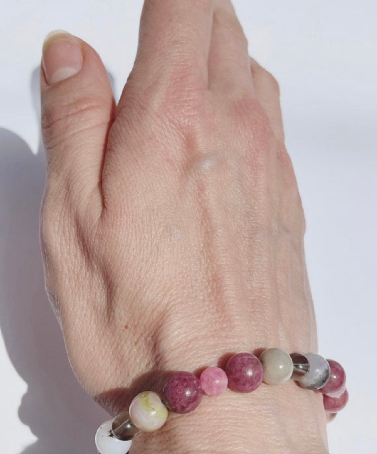 Pink Opal, Thulite, Smokey Quartz, and Rhodochrosite Gemstone Breathbeads Bracelet