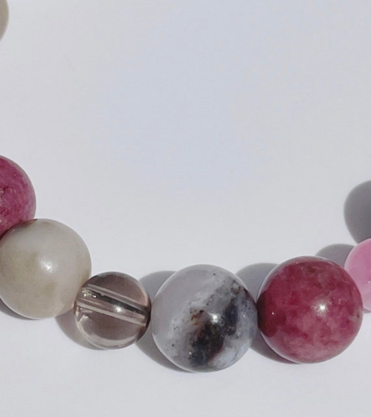 Pink Opal, Thulite, Smokey Quartz, and Rhodochrosite Gemstone Breathbeads Bracelet