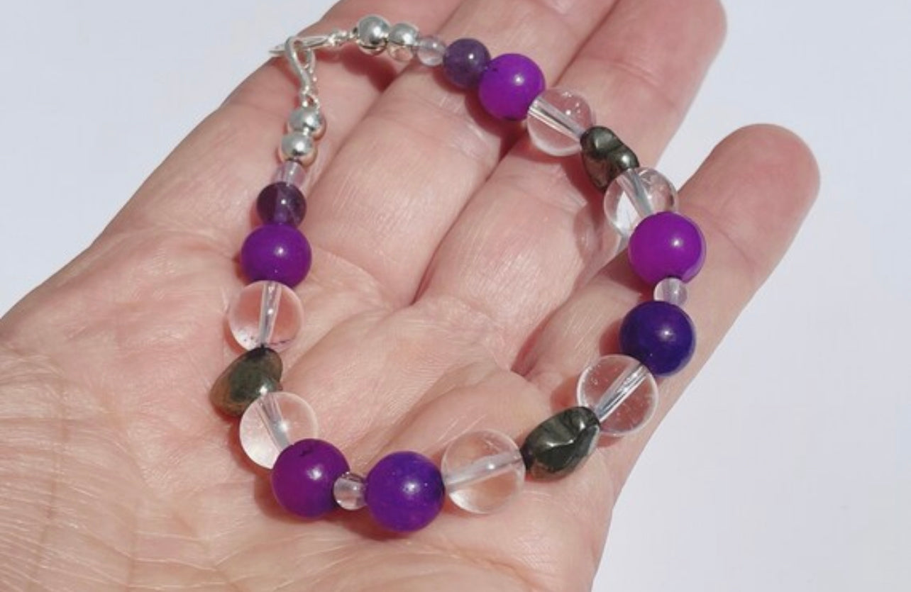 Sugalite, Iron Pyrite, Snow Quartz and Amethyst Breathbeads Gemstone Bracelet