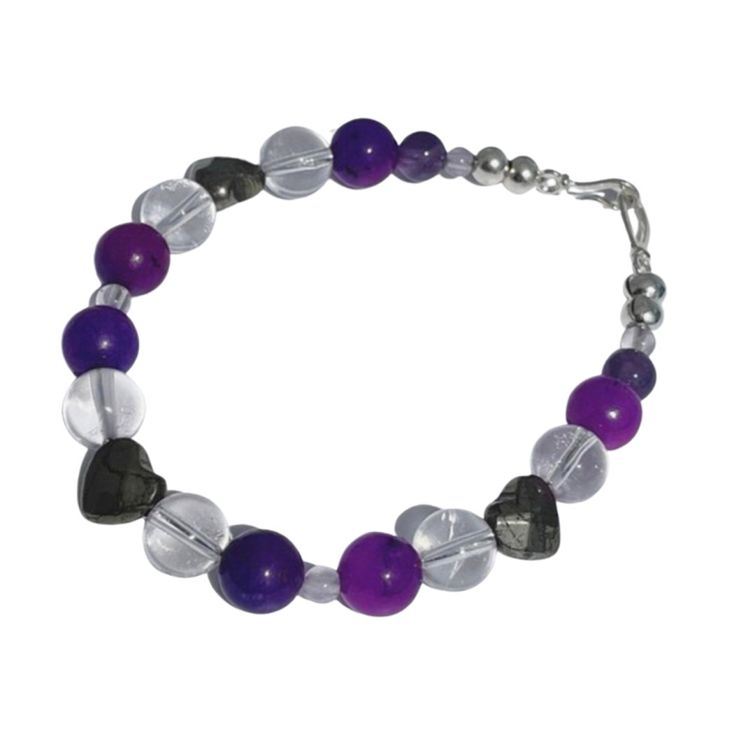 Sugalite, Iron Pyrite, Snow Quartz and Amethyst Breathbeads Gemstone Bracelet