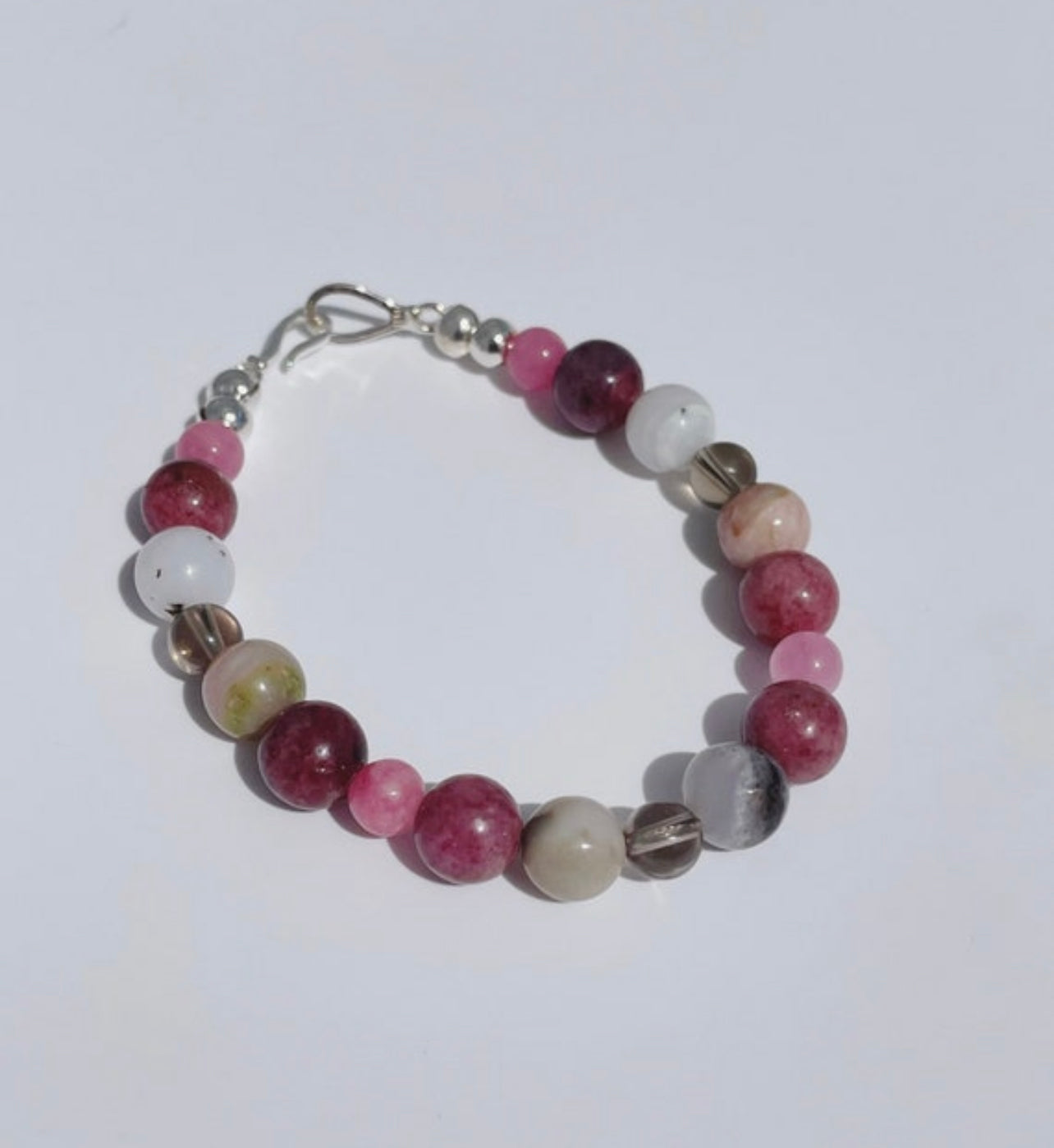 Pink Opal, Thulite, Smokey Quartz, and Rhodochrosite Gemstone Breathbeads Bracelet